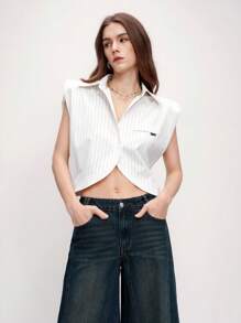 SHEIN Unity 夏季新款白色无袖垫肩仿口袋设计短款衬衫，时尚女式衬衫 - 淺灰色 - 查看 3