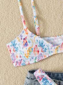 SHEIN 2pcs/Set Random Print Spaghetti Strap Backless Top And High Cut Bikini Bottom, Cute Bikini Clothes Set, For Spring Summer - Multicolor - View 3