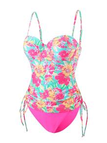 Swim Lushoire 2pcs/Set Mature And Sexy Tropical Floral Print Non-Padded Underwire Long Top And Solid V-Cut Bikini Bottom For Summer Beach Vacation - Multicolor - View 6