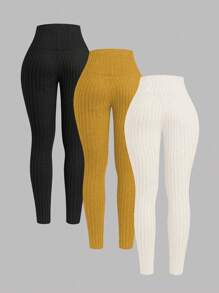 INAWLY 3 Pcs Set Women's Solid Ribbed Leggings - Multicolor - View 2