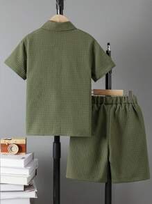 SHEIN Vacaura 2pcs/Set Boy's Streetwear Cargo Style Shirt + Bermuda Shorts Set, Summer Fashionable & Versatile, School, Campus, College Summer Holiday - Army Green - View 2