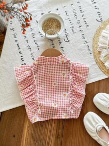 SHEIN Casual Baby Girl Checkered Ruffle Collar Blouse, Versatile For Summer - Pink - View 2