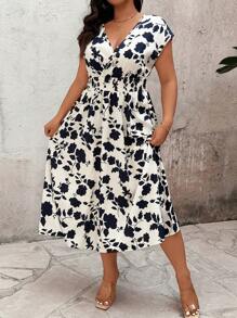 SHEIN Clasi Plus Size Women Floral Print Waist Tie Casual Dress, Elegant For Vacation - Blue - View 4