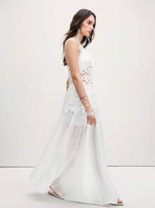 EMERY ROSE New Classical Deep V Neck Backless Hollow Out Lace Patchwork Pleated Chiffon Dress - White - View 3