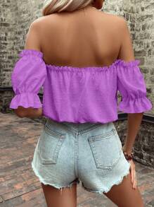 Breezaya Women's Vacation Solid Color Off Shoulder Loose Short Sleeve Shirt