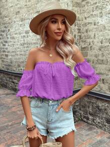 Breezaya Women's Vacation Solid Color Off Shoulder Loose Short Sleeve Shirt