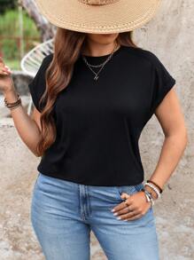 SHEIN LUNE 大码女式纯色蝙蝠袖休闲圆领 T 恤 - 黑色 - 查看 7