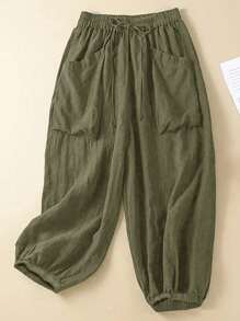 SHEIN CURVE+ CURVE+ Plus Size Women Solid Color Minimalist Casual Drawstring Pants Fall Cloth For Women - Army Green - View 3