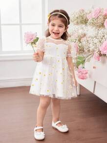 Babygirl Elegant Floral Mesh Short Sleeve Summer Dress - White - View 3