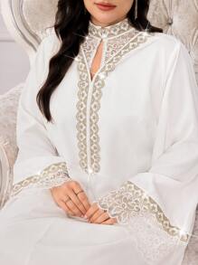 Al Najma Große Größen Damen elegantes Pailletten Patchwork Langarm Arabischer Stil Kleid, Luxus Kleid für Frauen, Islamisches Kleid für Frauen, dezent