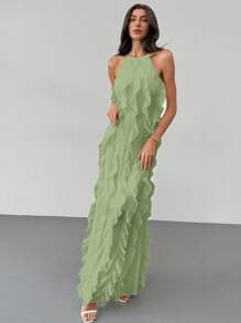 Aloruh Elegante vestido de volantes de múltiples capas para vacaciones, con estilo fluido y divino, para primavera/verano - Verde - Ver 3