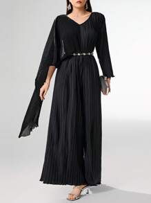 Modelyn Women's Solid Color V-Neck Stitching Draped Ruched Wide Leg Elegant Jumpsuit - Black - View 4