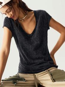 Bohemela 大码女式V领蝙蝠袖休闲纯色T恤 - 黑色 - 查看 6