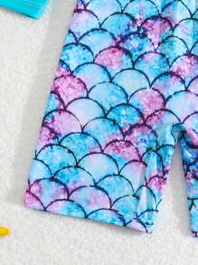 Young Girl Mermaid Scale Print Splicing Swimsuit - Multicolor - View 4
