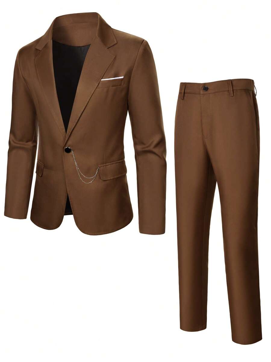 Calvornis 男士纯色单扣长袖西装外套和裤子套装 - 咖啡棕 - 查看 1