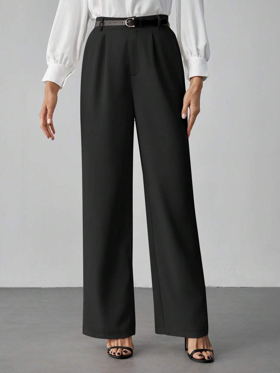 SHEIN Tall 女式休闲直筒裤（配腰带） - 黑色 - 查看 1