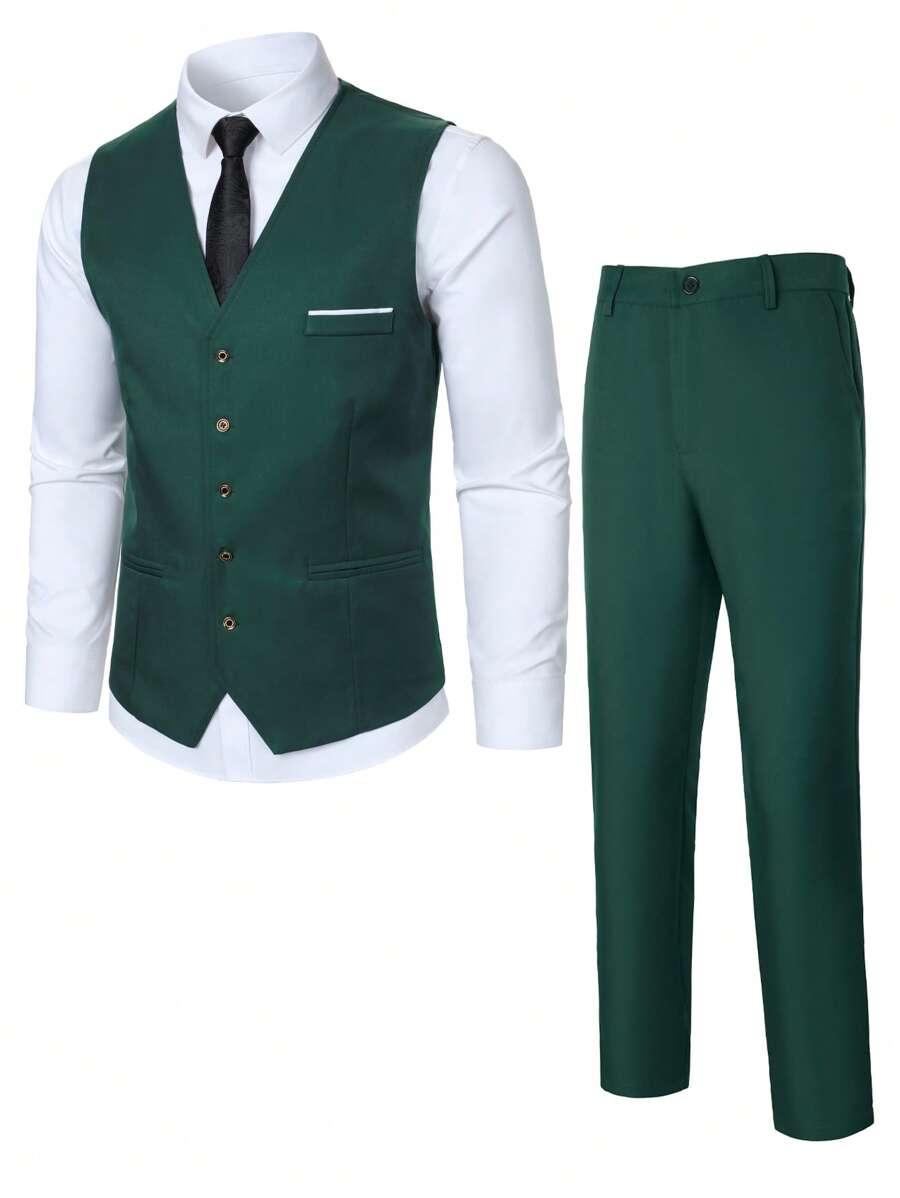 Calvornis 男士绿色 V 领前扣背心和长裤套装 - 綠色 - 查看 1