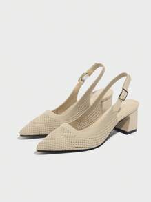 CUCCOO BASICS Women's Pointed Toe Chunky Heel Mid-Heel Black Knit Backstrap Slingback Summer Breathable Spring Shoes For Christmas - Apricot - View 2