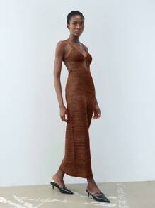 Maija Summer Khaki Round Metal Buckle Elegant Modern Knit Dress For Women, Suitable For Vacation, Holiday, Business Casual, Beach Wedding, Valentine's Day Party, Vintage, 90s, Bohemian Style