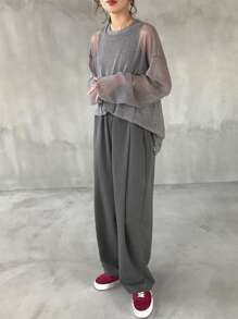 FRIFUL 女式宽松蓝色圆领网眼罩层透明衬衫，春夏长袖女式上衣