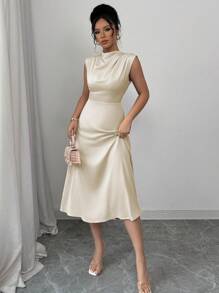 Elenzga Romantic Elegant Pleated A-Line Midi Dress - Apricot - View 6