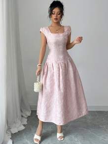 SHEIN Tall 女式 2025 新款提花面料优雅休闲中长连衣裙 - 粉色 - 查看 6