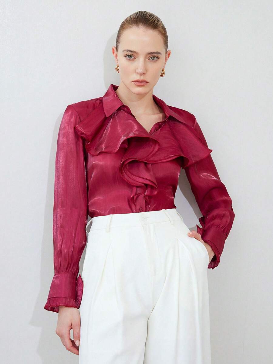 Aveloria Modichic Camisa de manga larga con botones elegante y con cuello de volantes de textura translúcida, ropa para fiestas y eventos de profesores - Burdeos - Ver 1