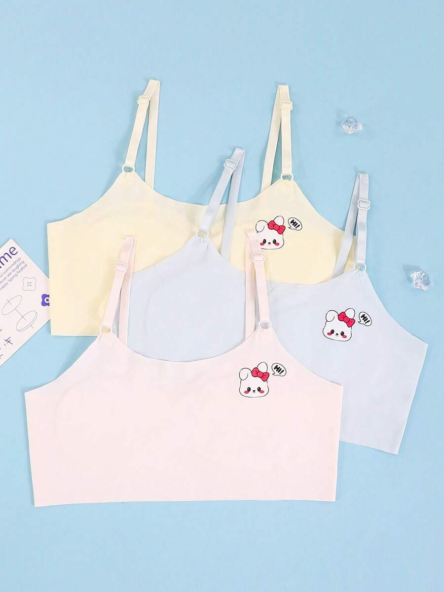 3pcs/Set Girls Cute Rabbit Pattern Skin-Tone & Blue Camisole Set, Comfortable Ice Silk Sleeveless Underwear - Multicolor - View 1