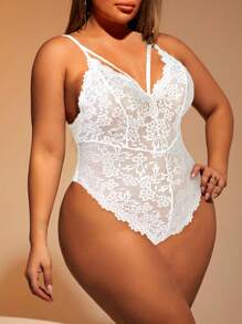 SHEIN SXY Plus Size Sexy Solid Color Lace Bodysuit, Summer - White - View 6