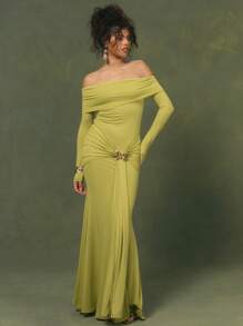 MUSERA Bardot Off Shoulder Ruched Front Drape Detail Elegant Long Sleeve Maxi Dress Graduation Prom For Occasion Spring Summer Vacation Holiday Forbidden Gardens Ibiza Wedding Guest Beach - Green - View 5