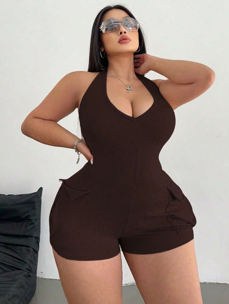 Flirla Neck Hanging Knitted U-Neck Multi-Pocket Jumpsuit - Brown - View 1