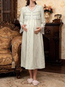 Moonlight&Mama Embroidered Patchwork V-Neck Half Button Front Oversized Long Sleeve Maternity Nightgown Luxe Loungewear, For Fall, Winter - Mint Green - View 6
