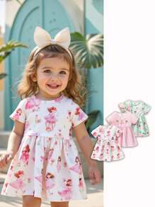 3pcs/Set Baby Girls Cartoon Print Short Sleeve Dress Set, Summer - Multicolor - View 3