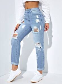 SHEIN EZwear Quần Jeans Rách Eo Cao, Thời Trang Tối Giản Phù Hợp Cho Mùa Hè - Rửa nhẹ - Xem 5