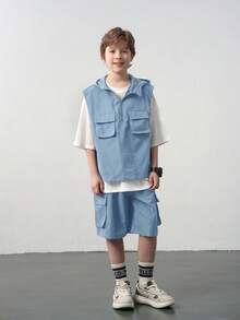 SHEIN Leap Crew 3 peças Tween Boy Casual Colete, Camiseta de Manga Curta, Conjunto de Shorts - Azul Empoeirado - Ver 5