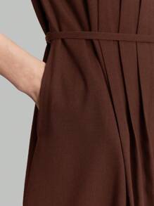 Ontre 2025新款优雅纯色腰部纽扣长裙女士连衣裙，优雅女士连衣裙，外套，商务休闲度假海滩生日派对服装，教师制服，办公室服装 - 鏽棕色 - 查看 8