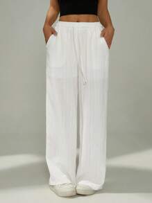 SHEIN PETITE Women Solid Color Waist-Tie Pockets Straight-Leg Pants,Business Casual Woman