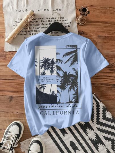 SHEIN EZwear Casual Minimal Palm Tree Graphic Crew Neck Loose Short Sleeve T-Shirt For Women, Suitable For Summer Suitable For Going Out