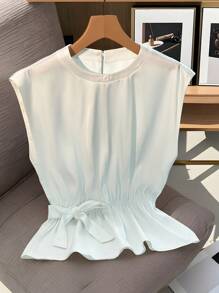 Franclia Blouse femme à la mode, polyvalente pour tous les jours, sans manches, col rond, taille cintrée, nœud papillon, brillante