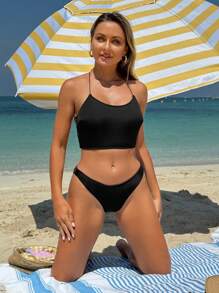Swim SXY Top de bikini de plage noué dans le dos de couleur unie pour femme - Noir - Voir 6