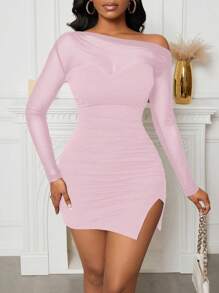 VaVaBold Abito mini asimmetrico da donna con spalla asimmetrica, patchwork, balze sul fondo e spacco