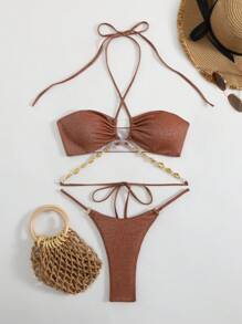 Elenzga Bikini de dos piezas para mujer con diseño nuevo y sexy, con escote halter, corte cruzado en frente y espalda, con lentejuelas doradas y plateadas, tirantes tipo espagueti, estilo brasileño - Marrón - Ver 5