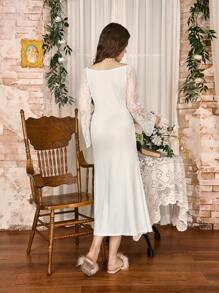 Elegant Sexy Lace Patchwork Tie-Up Bow Women Nightdress - White - View 2