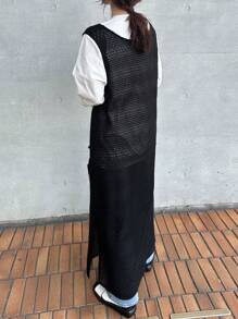 TrendSteals Damen Schwarze Oversized Lang Strickjacke, Hohlmuster Design, Resort Kleidung, Herbstmode - Schwarz - Übersicht 5