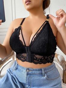 1pc Plus Size Front Closure Wire-Free Lace Lingerie Bra - Black - View 1