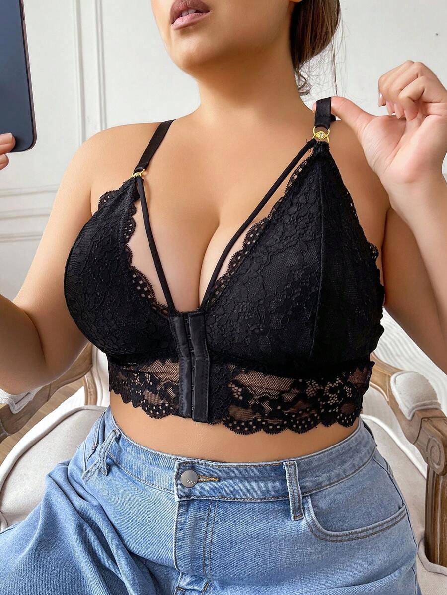 1pc Plus Size Front Closure Wire-Free Lace Lingerie Bra - Black - View 1