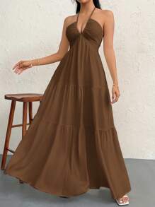 Firerie Women's Crinkle Halter Backless Dress With Tie Back Closure, For Vacation, Wedding, Event,Summer Dresses For Women - Chocolate Brown - View 4