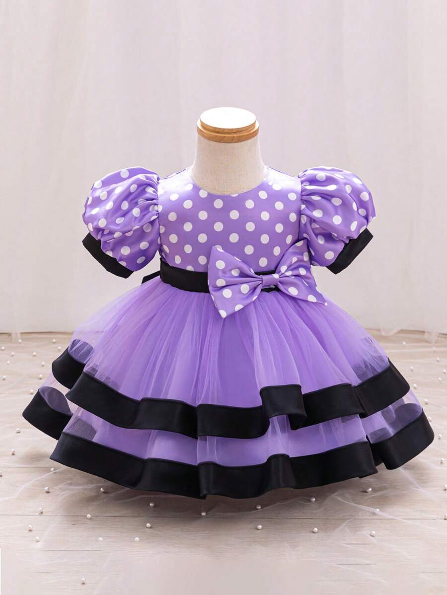 SHEIN Glamorique Kids 女宝宝圆点印花蝴蝶结装饰网眼边饰公主裙 - 淡紫色 - 查看 1