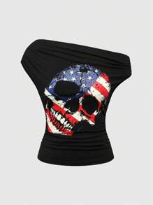 ROMWE Avant Camiseta sexy asimétrica con estampado de calavera para el Día de la Independencia, festival de música retro Y2K para mujeres