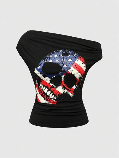 ROMWE Avant Women's Y2K Retro Music Festival Independence Day Skull Print Asymmetrical Shoulder Sexy T-Shirt